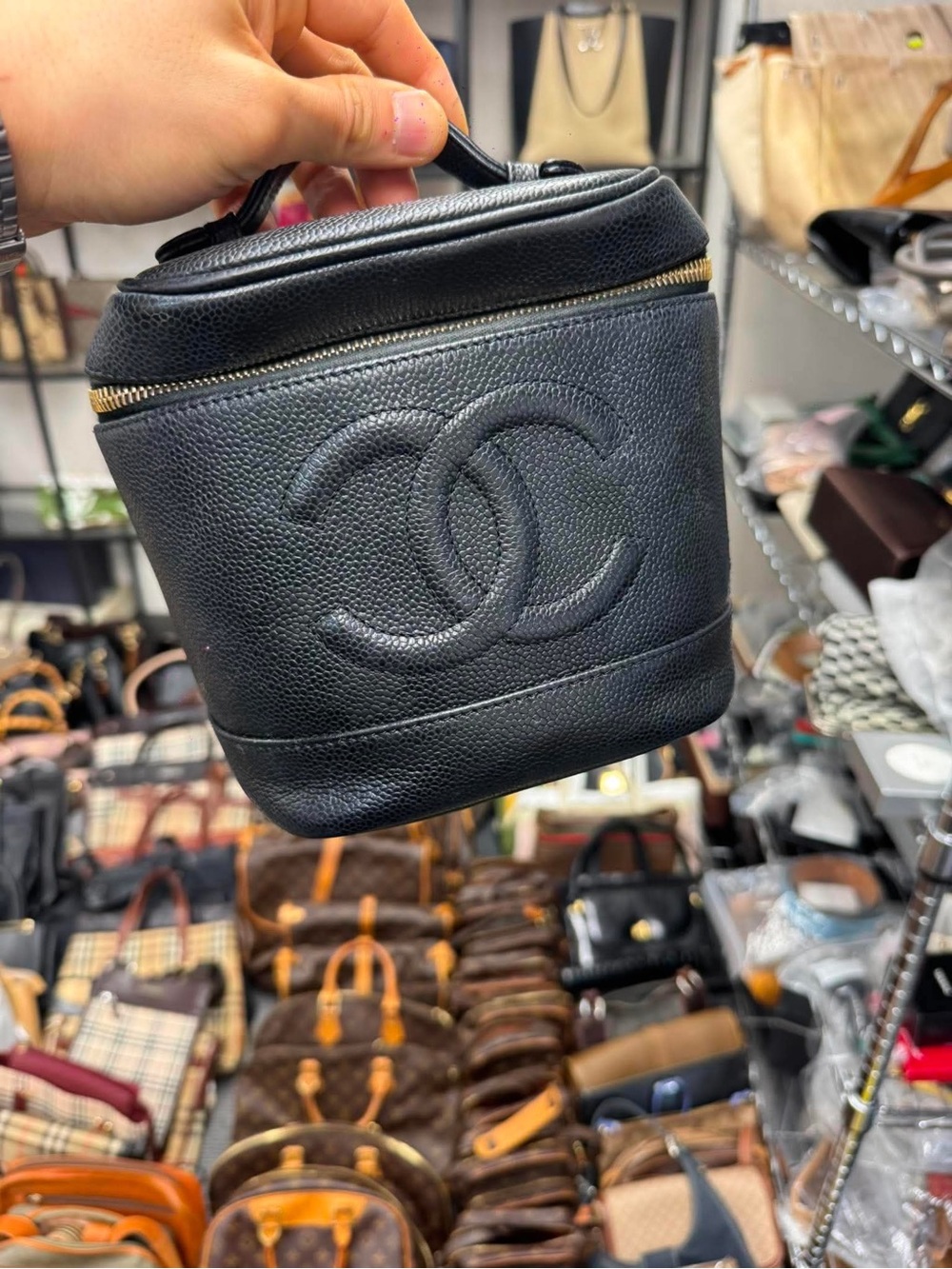 CHANEL Black Quilted Leather Vanity Case with Gold Zip